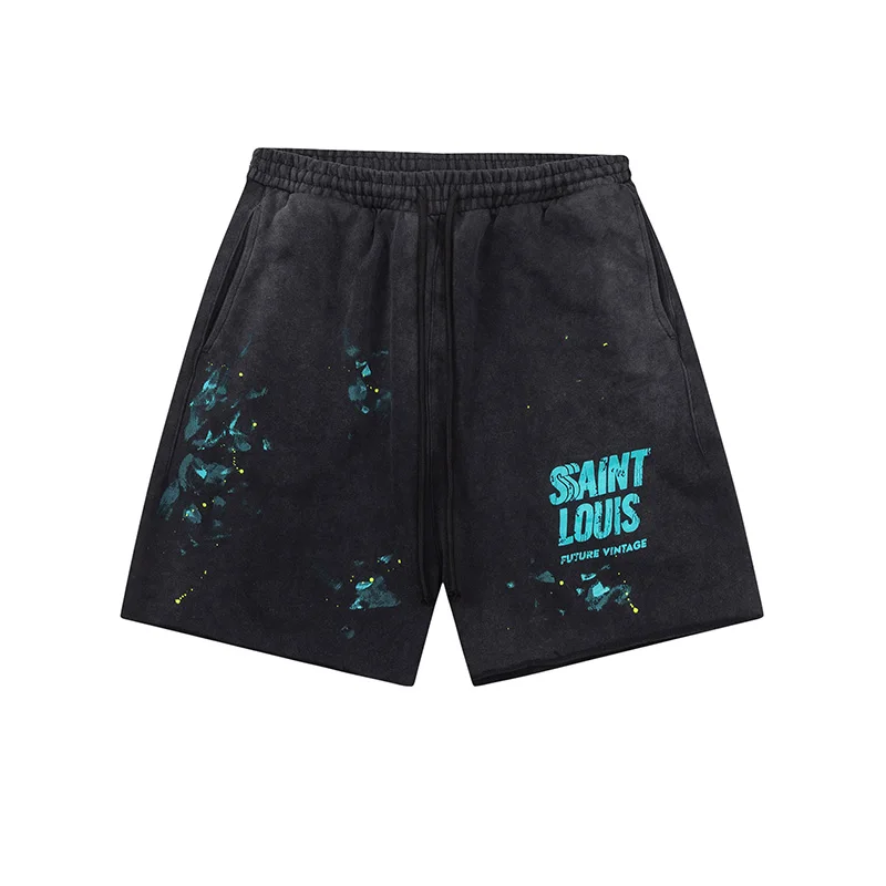 SAINT LOUIS Shorts Splashing Ink Graffiti LOGO Printing Men Woman Wash Vintage Pocket Drawstring Loose Breeches