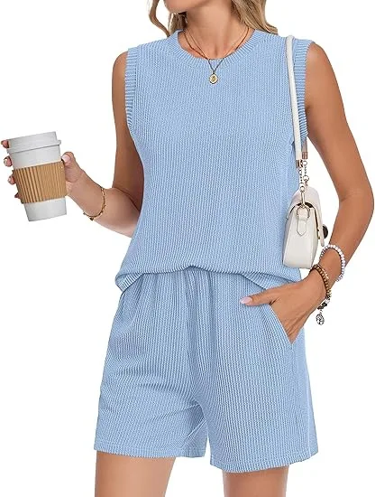 

Two Piece Set Women Outfit 2026 Spring Summer New Solid Color Round Neck Sleeveless Tank Top & Pocket Design Casual Shorts Set