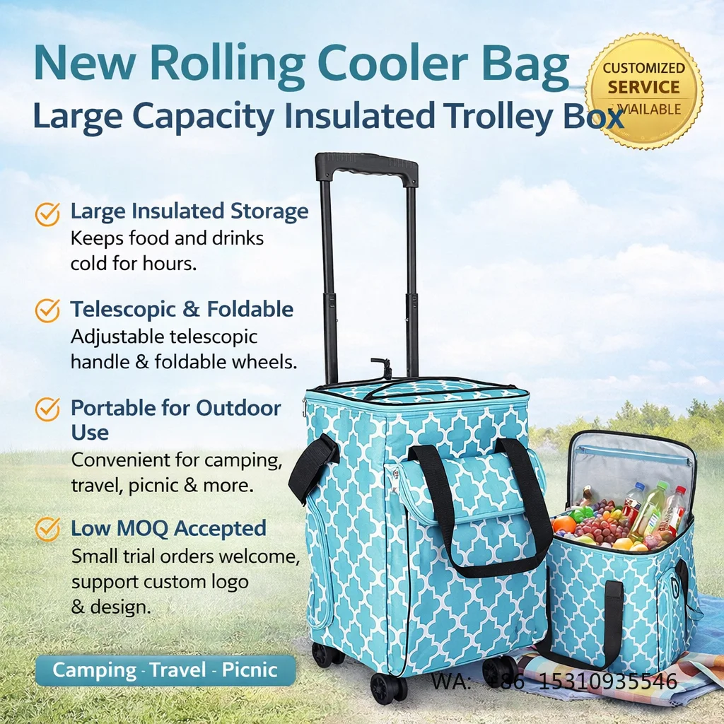 New Rolling Cooler Bag Large Insulated Trolley Box With Telescopic Handle Portable Foldable Wheeled Cooler for Camping Picnic
