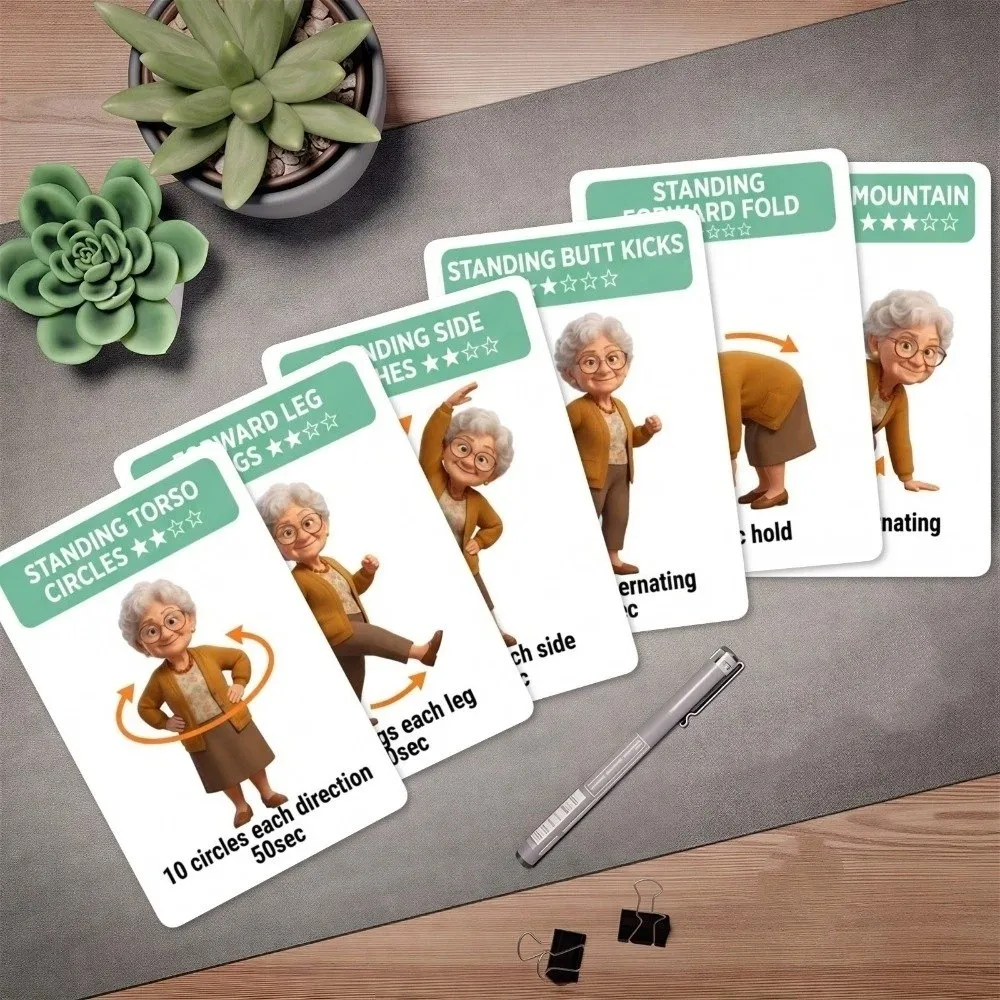 18Pcs Illustrated Step Move Guide Senior Standing Exercise Flashcards Paper Fitness Sheets Low-Impact Gentle Stretch Cards