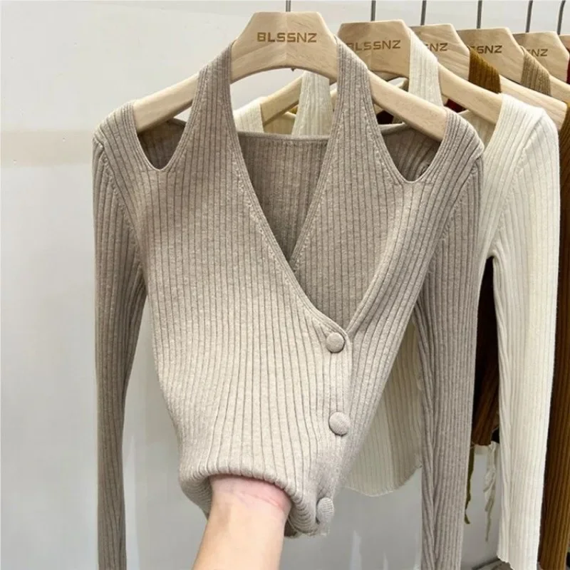 Estilo coreano Otoño Invierno todo-fósforo suave Sueter Mujer Halter suéteres de punto mujeres Sexy Irregular Simple suéter interior Casual