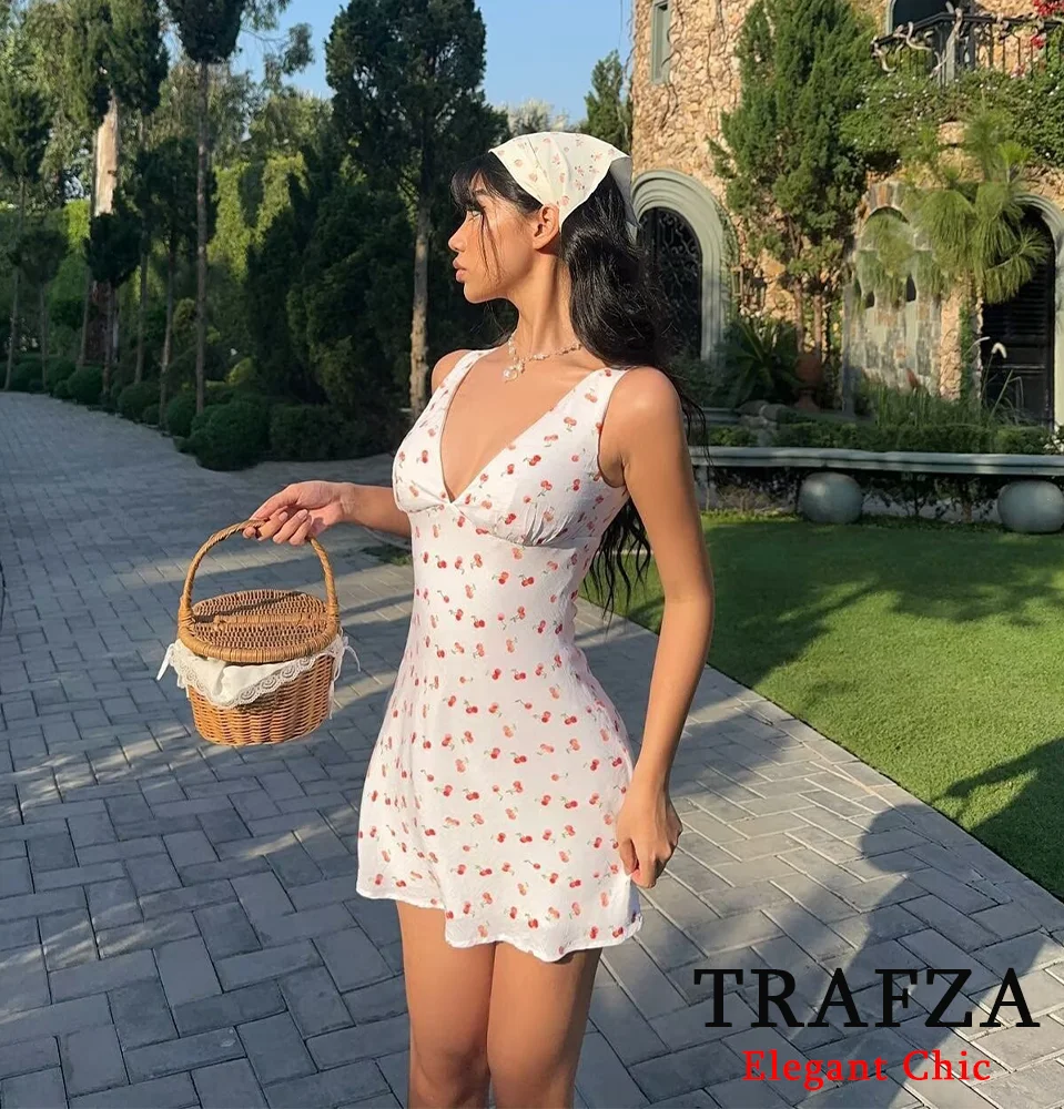 TRAFZA Sweet Printed Dress Women's Cherry Print V-Neck Waist Mini Dress New 2024 Fashion Spring Summer French Romantic Dress