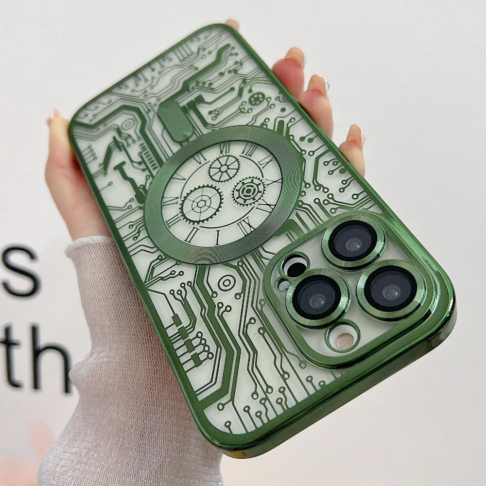 نمط خط تصفيح الموضة لحقيبة الهاتف MagSafe آيفون 15 14 13 12 11 برو ماكس 15 Plus كاميرا زجاج عدسة الغطاء الواقي