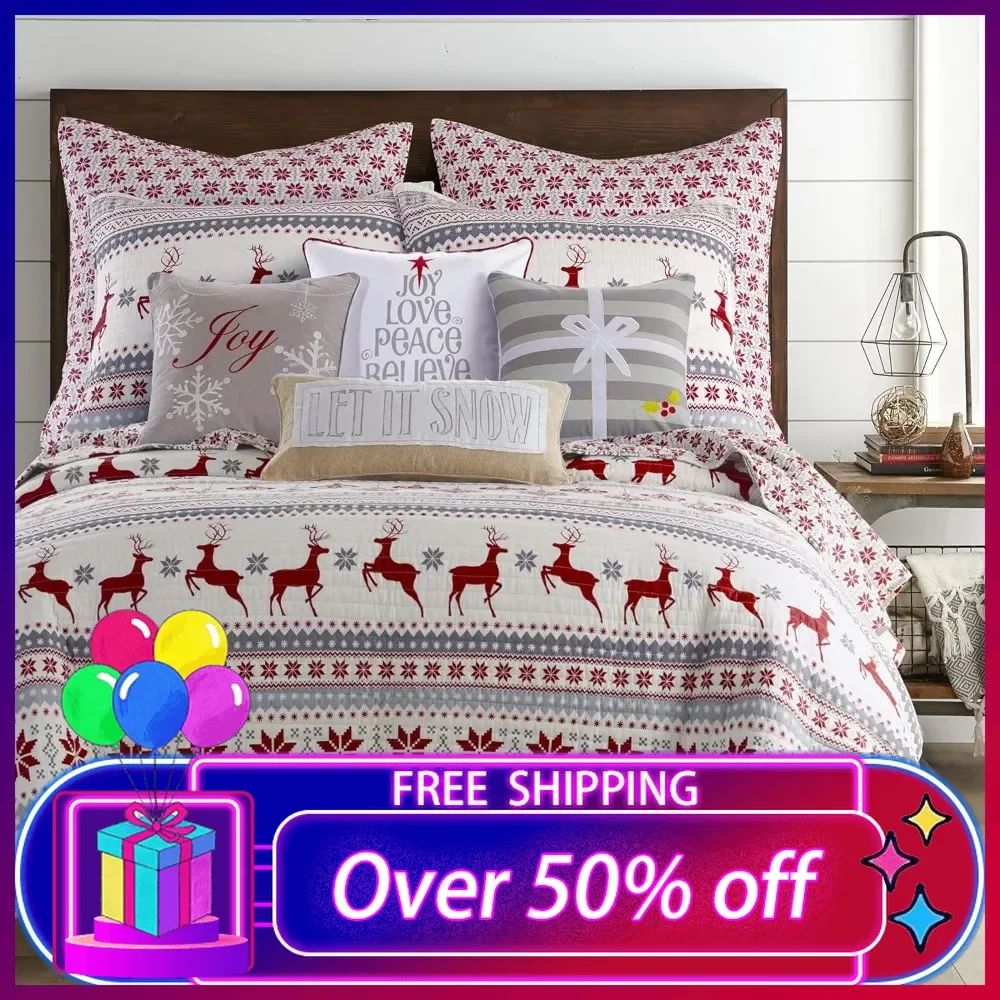 

Silent Night Quilt Set - King/Cal King Holiday Quilt 106x92 and Two King Pillow Shams 20x36 - Red, Grey, White-Reversible-Cotton