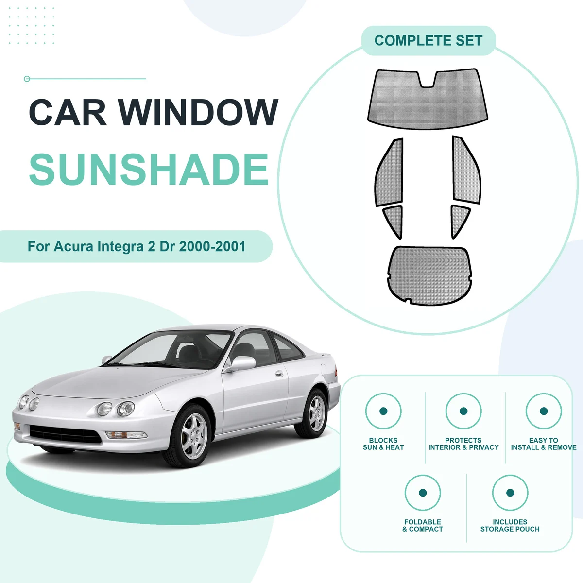 For Acura Integra 2 Dr 2000-2001 Custom Full Set Window Sunshades Aluminum Foil Suction Cup Anti UV Privacy