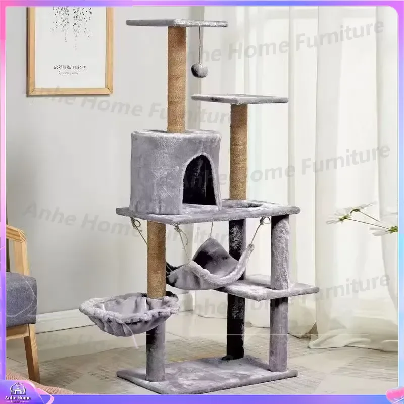 Modern Large 3-Tier Cat Tree Tower with Scratching Board Nest Hammock Claw Scratcher Solid Wood Climbing Frame for Cats