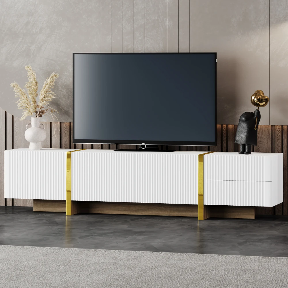 Supporto TV scanalato per TV fino a 80 '', centro di intrattenimento moderno con armadietti e cassetti, Console multimediale liscia, bianco