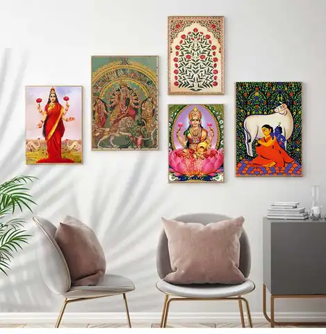Traditional Indian Art Prints, Goddess of Abundance Posters, Hindu God, Lakshmi, Canvas Painting, Wall Pictures