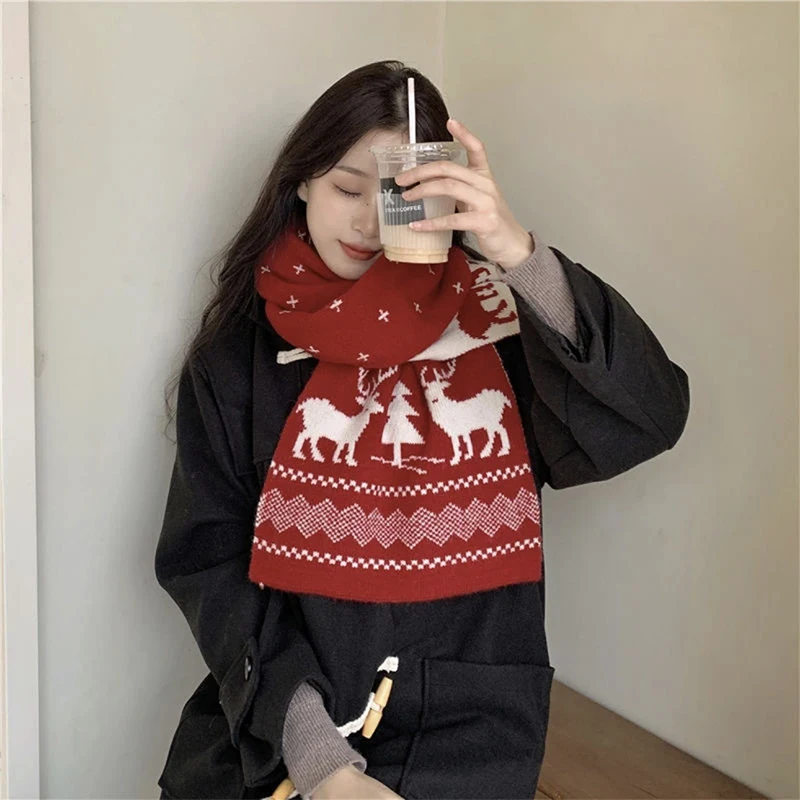 Fashion Versatile Knitted Winter Warm Scarf For Women Men Deer Elk Double-Sided Couple Scarves PlainShawl Girls Christmas Gifts