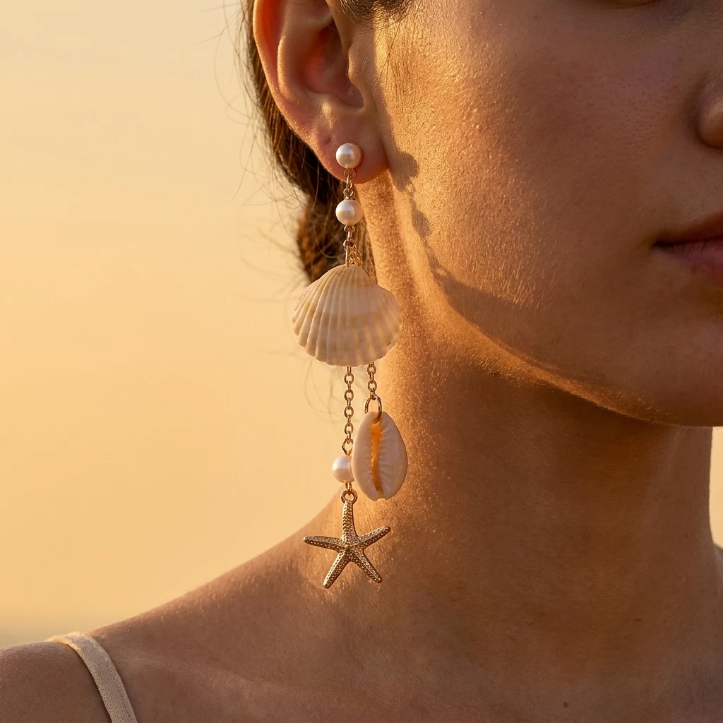 Boho Ocean Statement Earrings for Women Mermaidcore Shell Starfish Imitaton Pearl Long Tassel Summer Vacation Dangle Jewelry