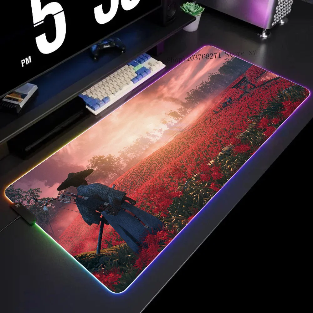 

Game Ghost Of Tsushima Mousepad XXL RGB Gaming Mouse Pads HD Black Gamer Accessories Large LED