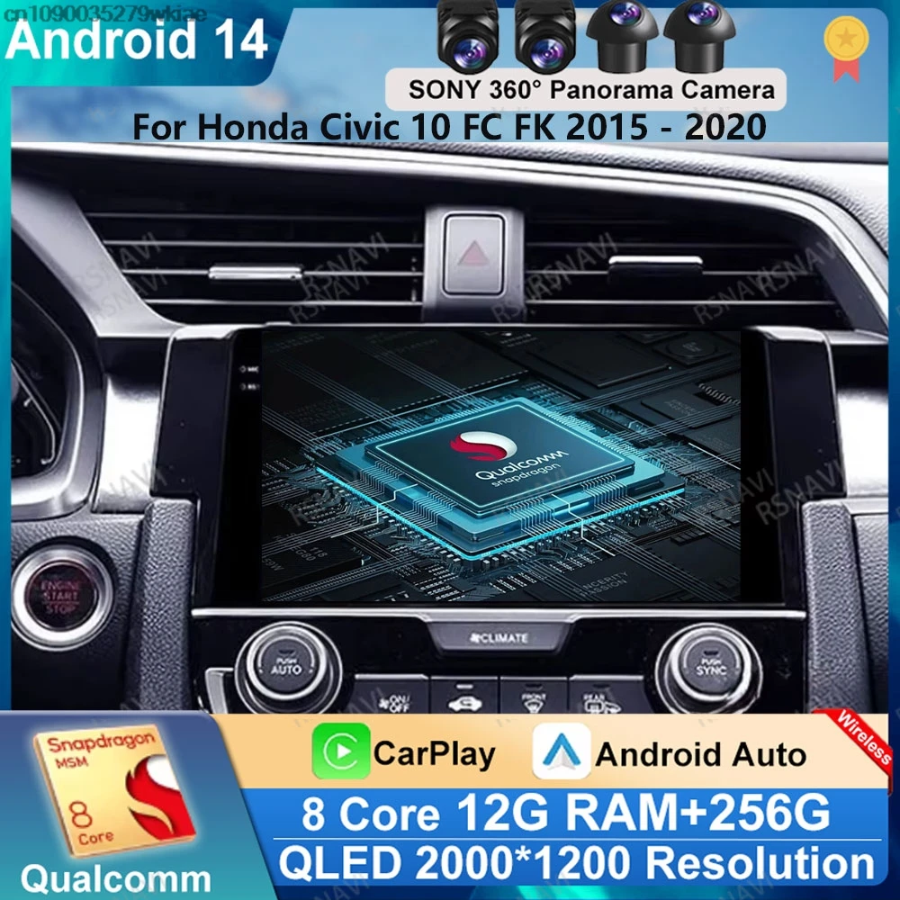 

Andoird 14 Car Radio For Honda Civic 10 FC FK 2015 - 2020 4G LTE Wireless Carplay Auto Video Player BT DSP Navigation DVD Stereo