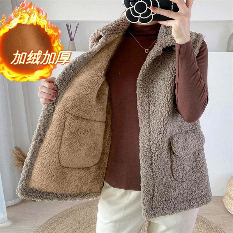 

Lamb Plush Waistcoat Vests Women's Outwear 2023 New Autumn Winter Warm Vest Female Korean Loose Joker Waistcoat Vest Coat