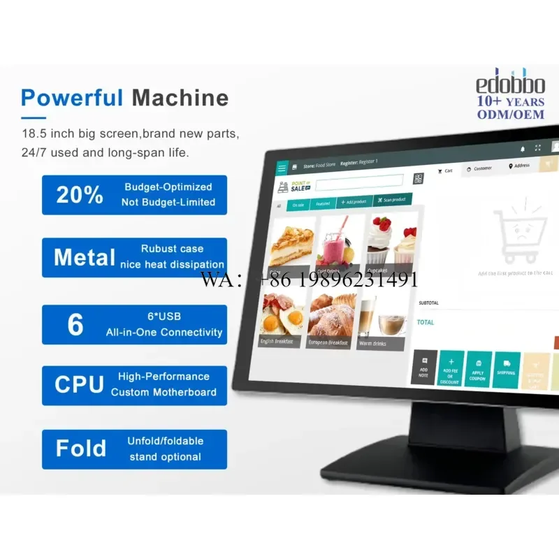 18.5-inch Capacitive Multi-Touch POS Cash Register LCD Display Screen Windows 10 Full HD Resolution 8/16GB RAM 2-Year