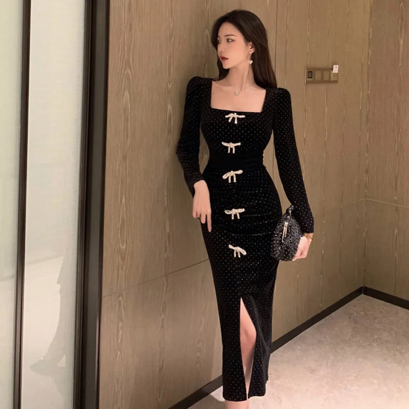 Hepburn Long Dress Women 2022 Autumn Winter New French Fashion Butterfly Rhinestone Square Collar Slit Base Pleuche Dress