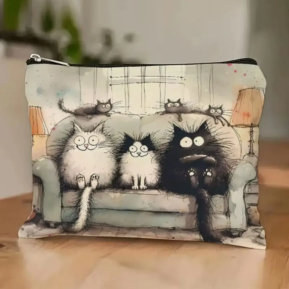 Retro Cat Animal Makeup Bag Printed Double-Sided Storage Bag Large Capacity Zipper Pouch