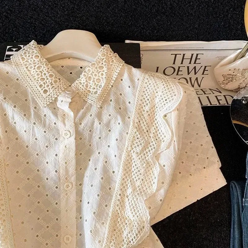 French Elegant Lace Hollow Shirt Women Ruffle Short Sleeve Lapel Blouse Summer Slim Chic Top view 4