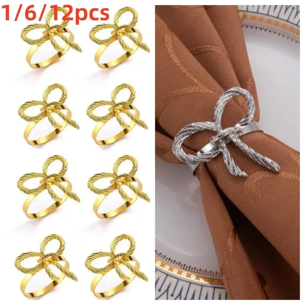 1/6/12pcs Elegant Bow Napkin Ring Buckles Gold Metal Napkin Holder Christmas Thanksgiving Gift Dinnig Table Decoration