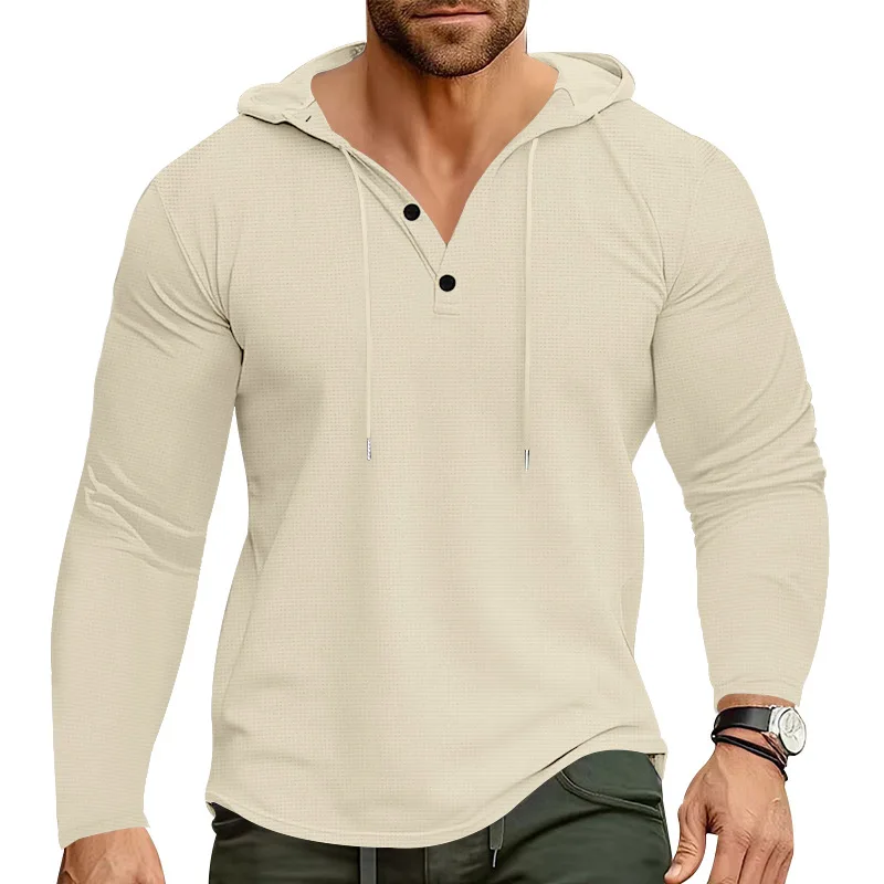 Pop European And American Style Men's Clothing Casual Hooded Long Sleeve T-shirt Henley Shirt Walf Checks Fabric Man's Sportswea