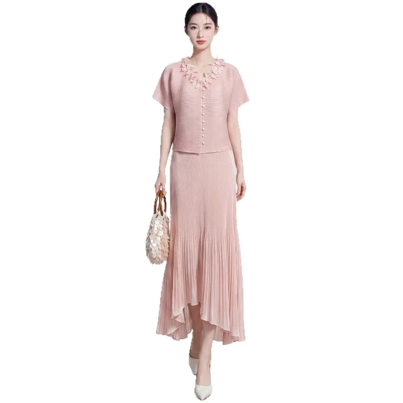 Miyake Pleated Summer Set for Women Two-Piece Fashionable V-Neck Loose Short Sleeve T-Shirt Top with Irregular Fishtail Skirt