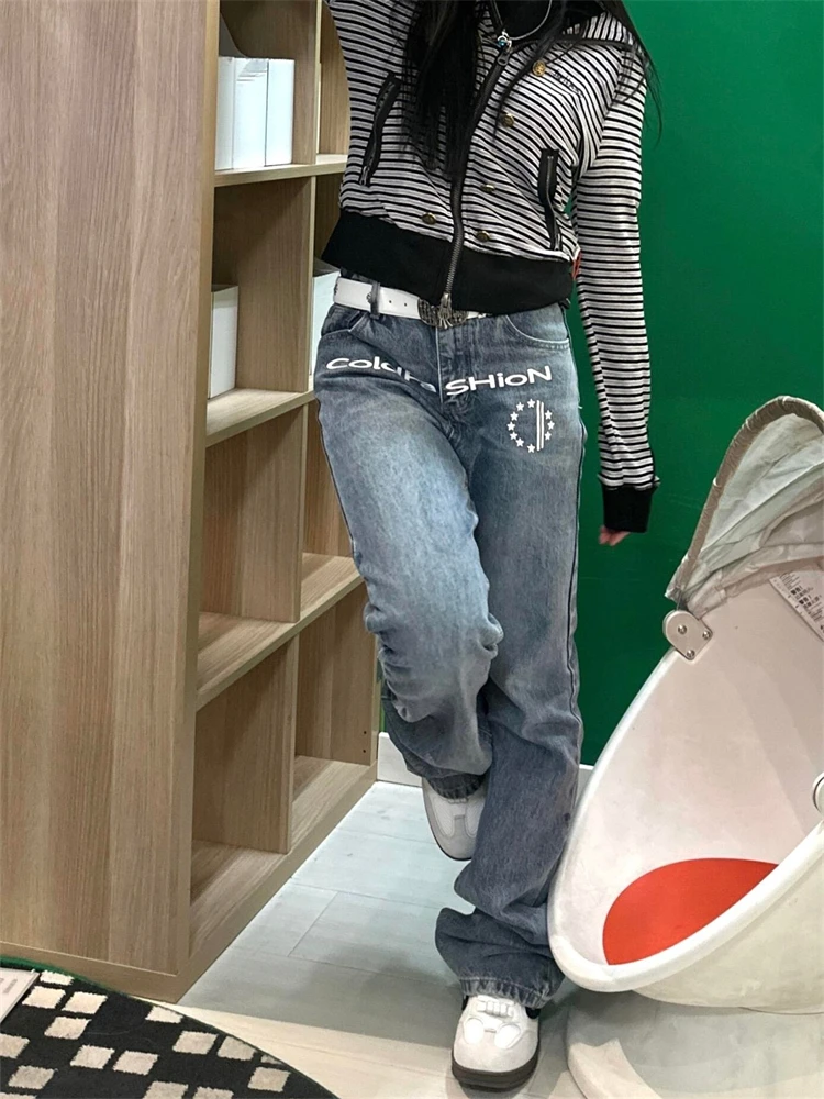 Women's Letter Printed Retro Jeans Straight Trousers Wide Leg Sweatpants Summer Girl Bottoms Female High Waist Casual Pants