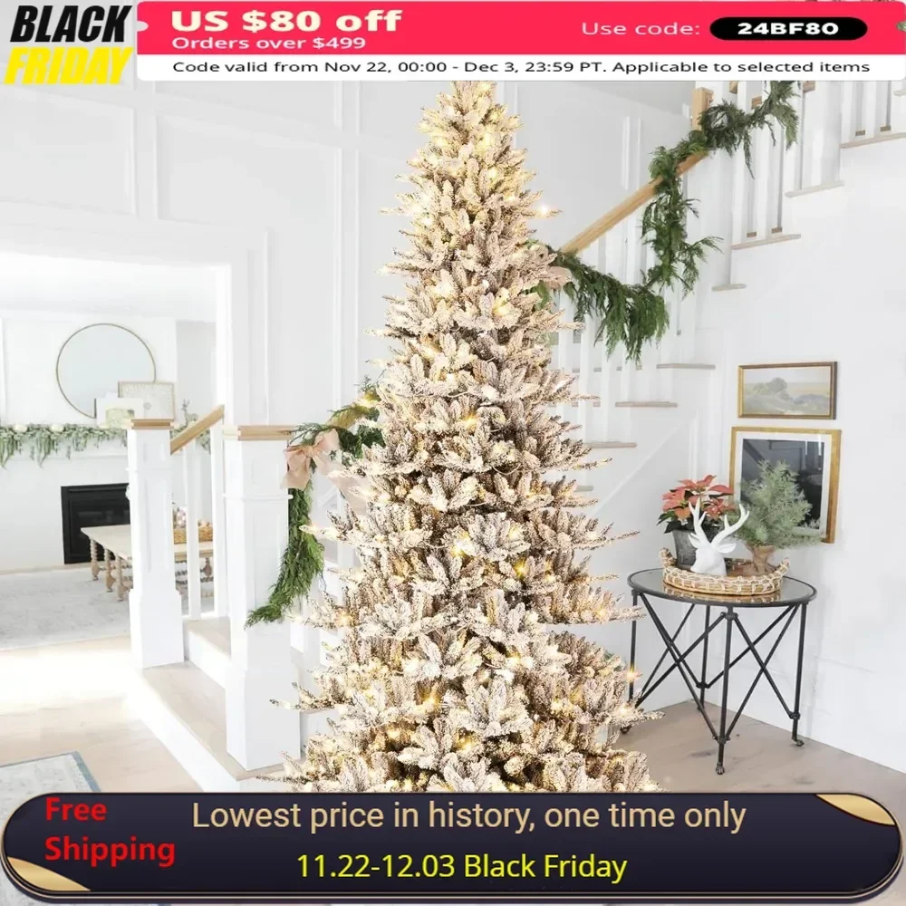 11FT Christmas Tree with 950 Warm White Lights, Metal Stand-Covered Some Glitter, Pre-Lit Flocked Fir Artificial Christmas Tree