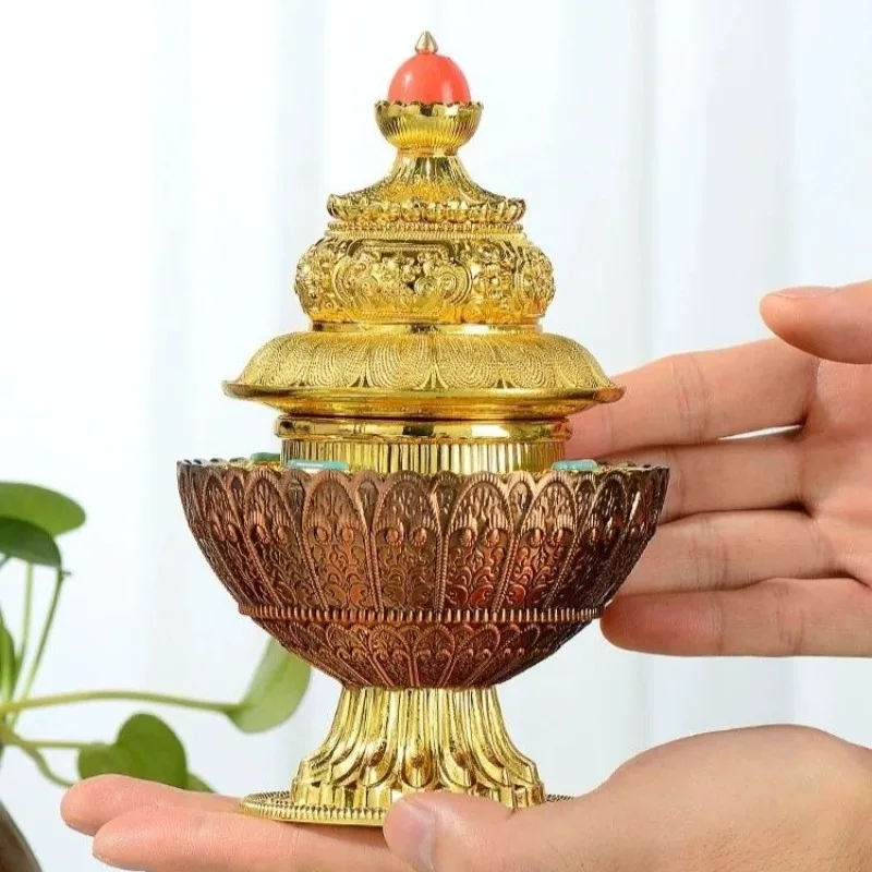 Carved Rice Box Tibetan Rice Bucket Colorful Bead Inlaid Buddha Statue Decoration Buddhist Hall Decoration Alloy Treasure Bottle