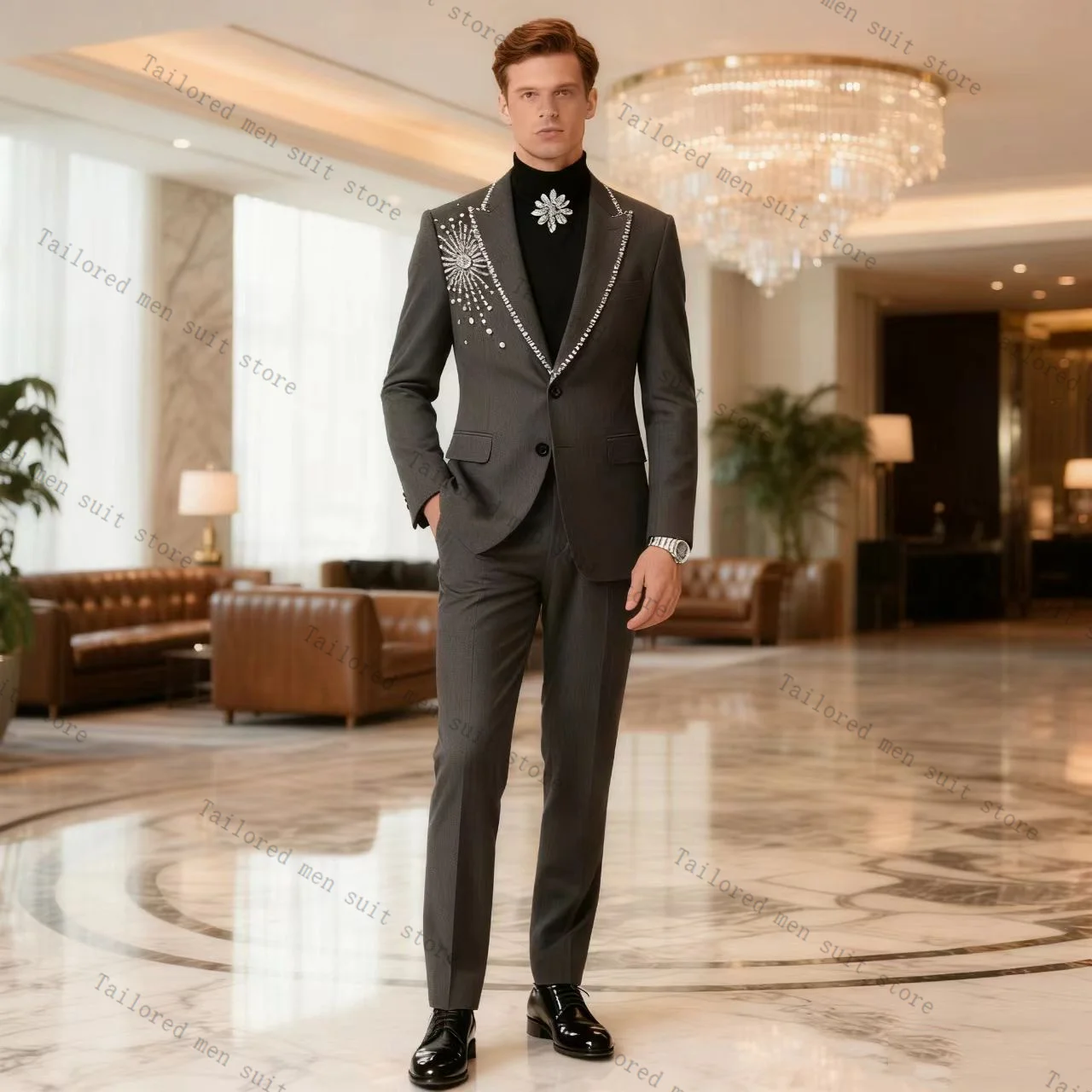 

Grey Crystals Men Suits Pants Set 2 Pcs Blazer+Cotton Trousers Wedding Tuxedos Prom Jacket Formal Office Business Coat