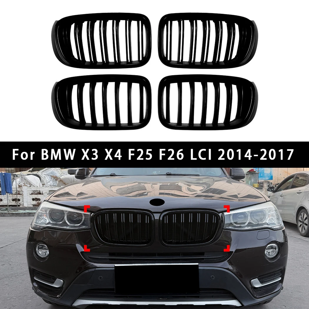 

2PCS Front Bumper Kidney Grille Racing Grills For BMW X3 X4 F25 F26 LCI 2014-2017 Replacement Double Slat Gloss Black Grilles