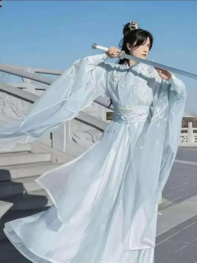 Traditional Chinese Hanfu Men Wuxia Xianxia Swordsman Cross Collar Wide Sleeve Embroidery Light Blue White Performance Long Gown