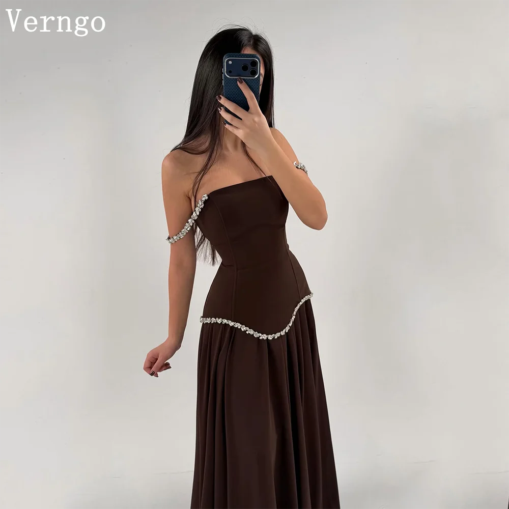 

Verngo Brown Crepe Evening Dress Sequined Spaghetti Straps A Line Formal Occasion Dress Simple Prom Gowns Customized