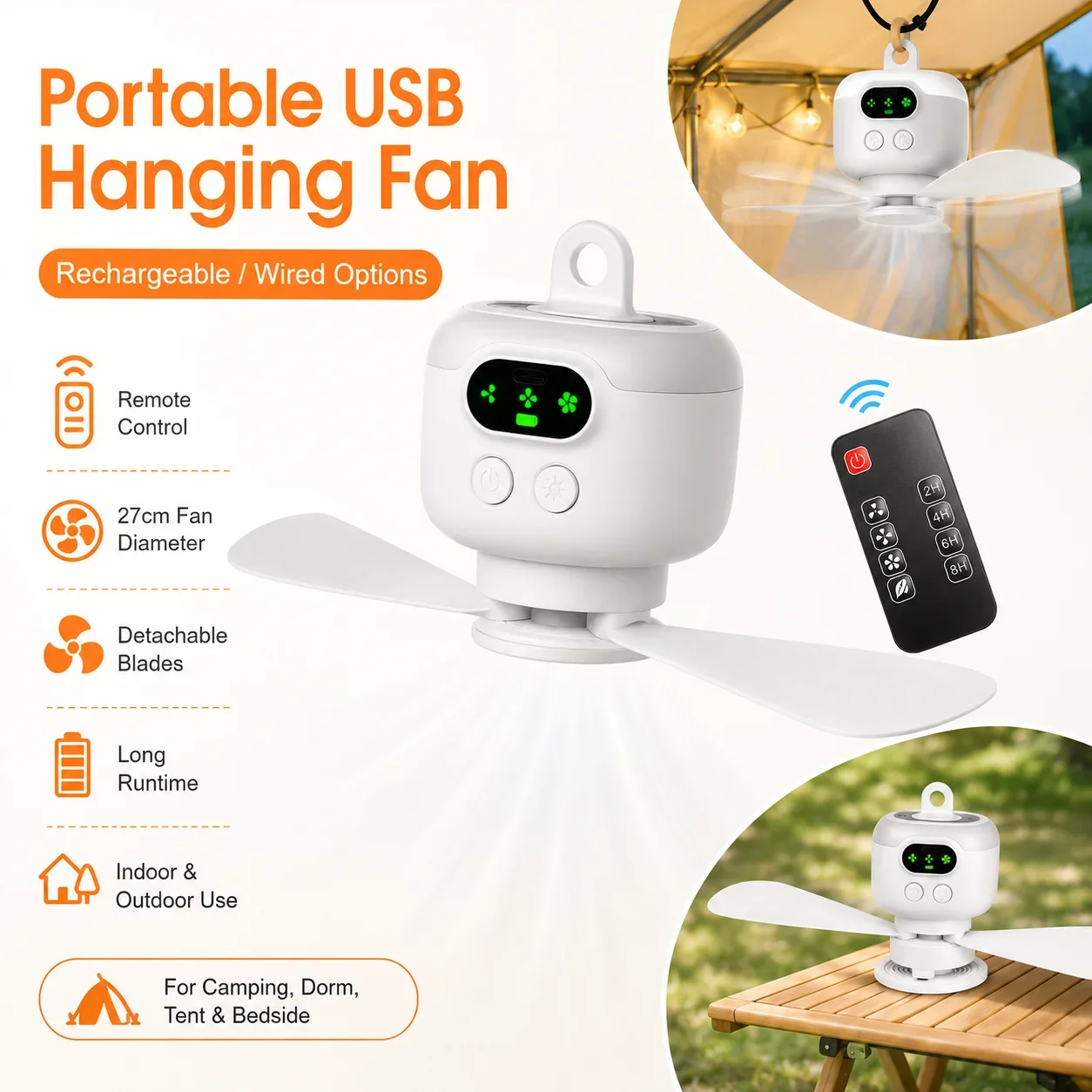 Portable USB Hanging Fan 27cm 8000mAh Rechargeable Remote Control 4 Speeds 2-8H Timer Detachable Blades for Camping Tent Dorm