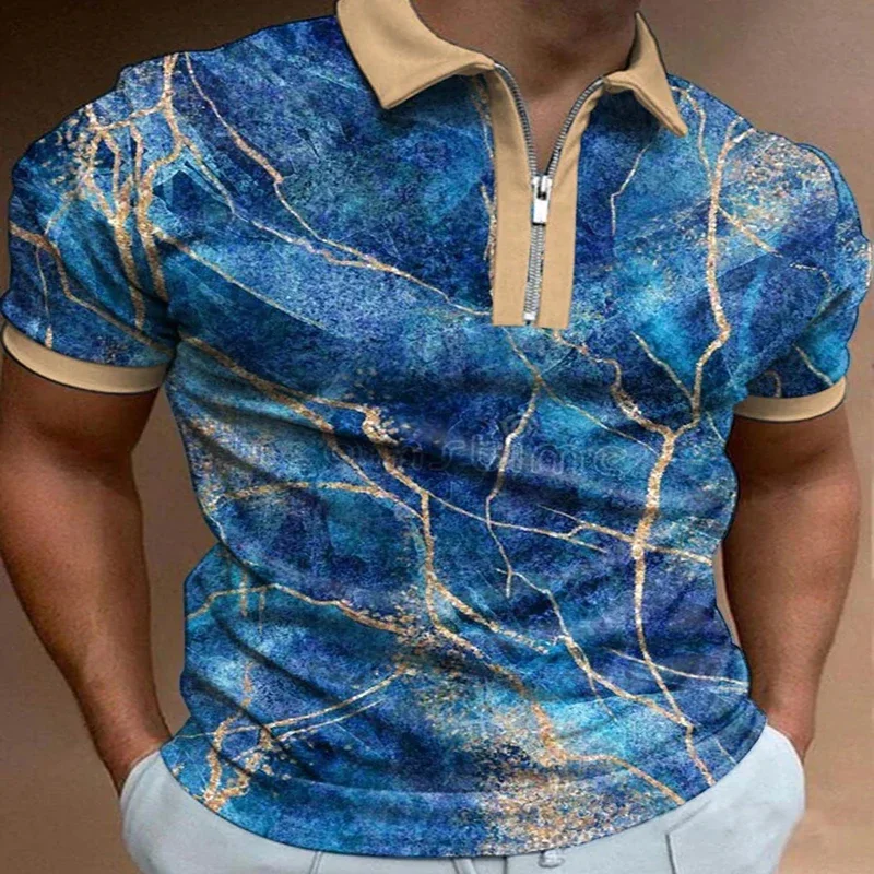 

Blue Ocean 3D Print Polo Zipper Short Sleeve Shirt for Men