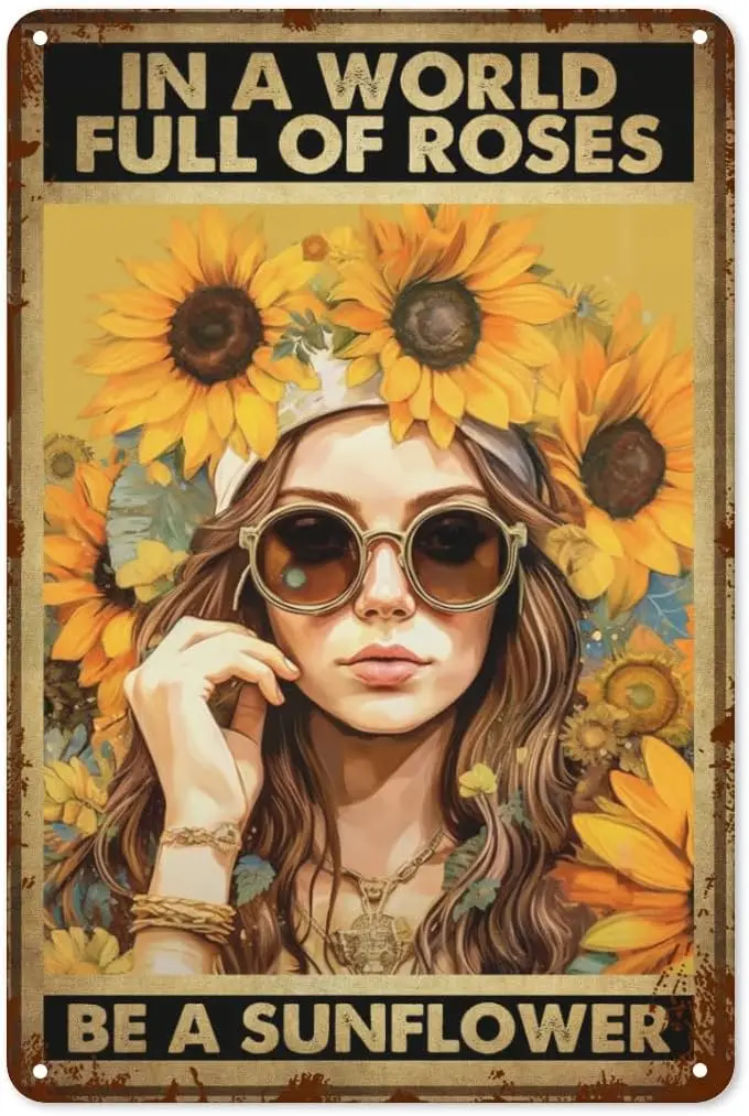 Vntge n  World Full of Roses Be  Sunflower Metl Tn Sgn - Clssc Tn Plte Retro Decor for Home Bedrooms Ktchen Brs Pubs Grges Grden