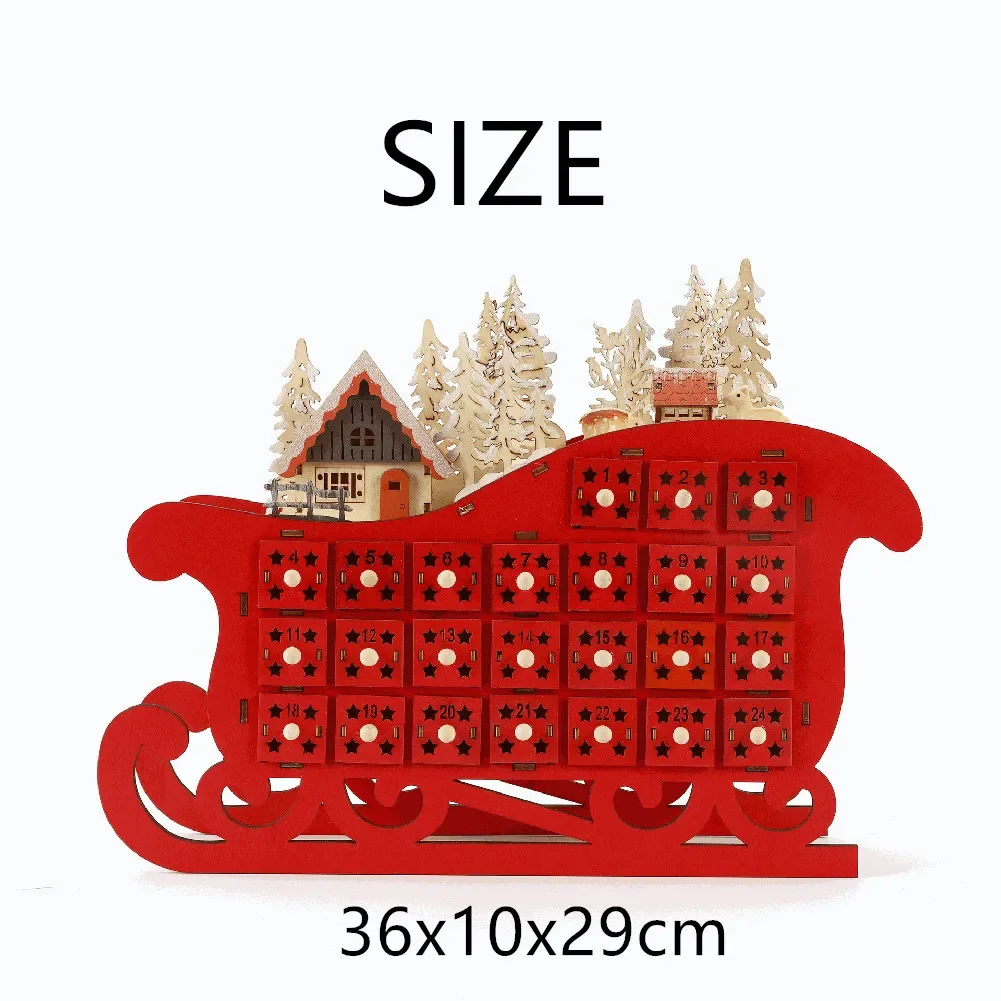 Wooden Advent Calendar with 24 Storage Drawers Christmas Sleigh Countdown Calendar with LED Lights Christmas Tree Party Decor - Image 6