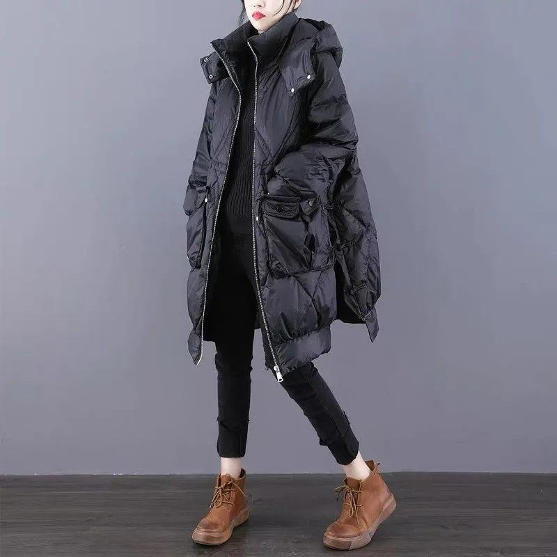 Winter 2023 New Down Jacket Mid-length Women\'s 90 White Duck Down Loose Korean Edition Thickened Waist Slimming Hooded Jacket