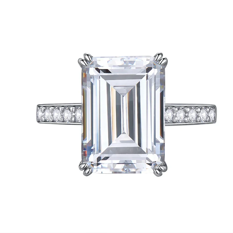 High end new 10 carat simulated diamond ring, emerald cut index finger ring, simple and atmospheric 925 sterling silver