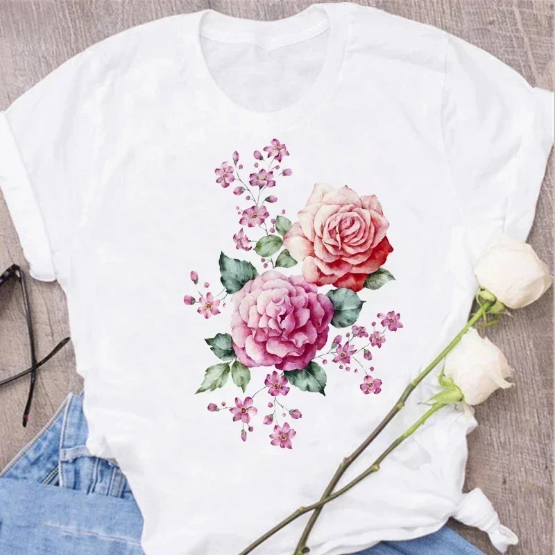 Rosa vermelha impressão feminina t camisa verão manga curta em torno do pescoço harajuku estilo coreano gráfico topos kawaii feminino camiseta topos