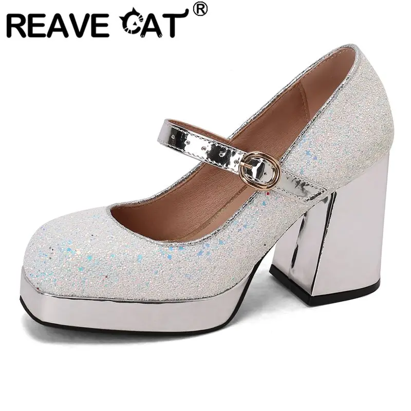 

REAVE CAT 2025 Новый дизайн Женские туфли-лодочки на массивном каблуке 9,5 см Платформа 2,5 см с пряжкой и ремешком Bling Mary Janes Туфли размера плюс 43 44 45