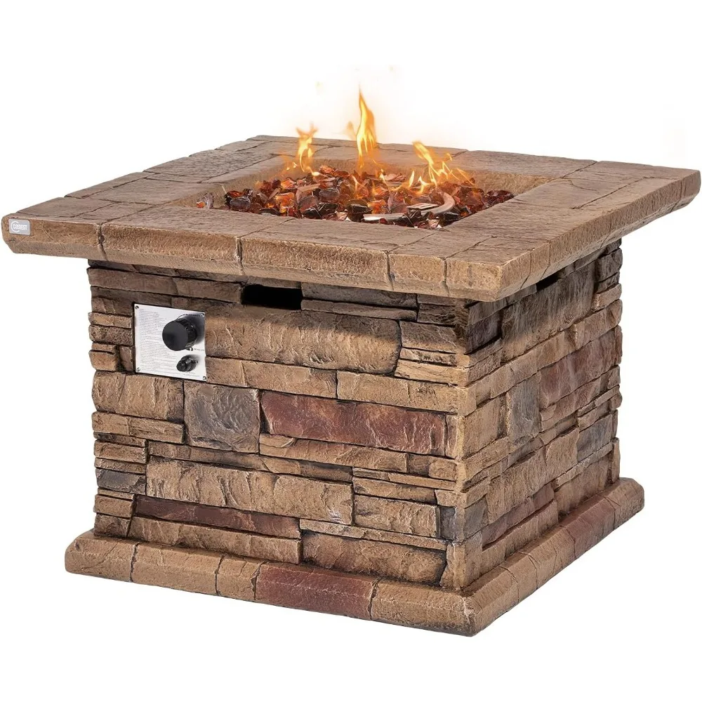 Outdoor Propane Fire Pit Table w Faux Brown Ledgestone 32-inch Square Fire Table, 50,000 BTU Stainless Steel Burner