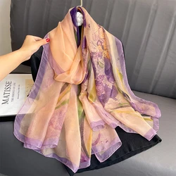 Elegante lenço de seda floral feminino, fino envolto hijab, xale feminino, estolas de praia de pashmina, novo, 2023