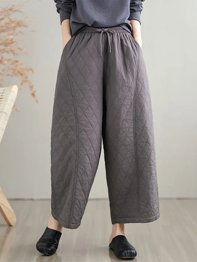 プラスサイズの女性の綿麻ワイドレッグパンツハイウエストストレートカットホームパンツ冬暖かいThienedカジュアルパンツ