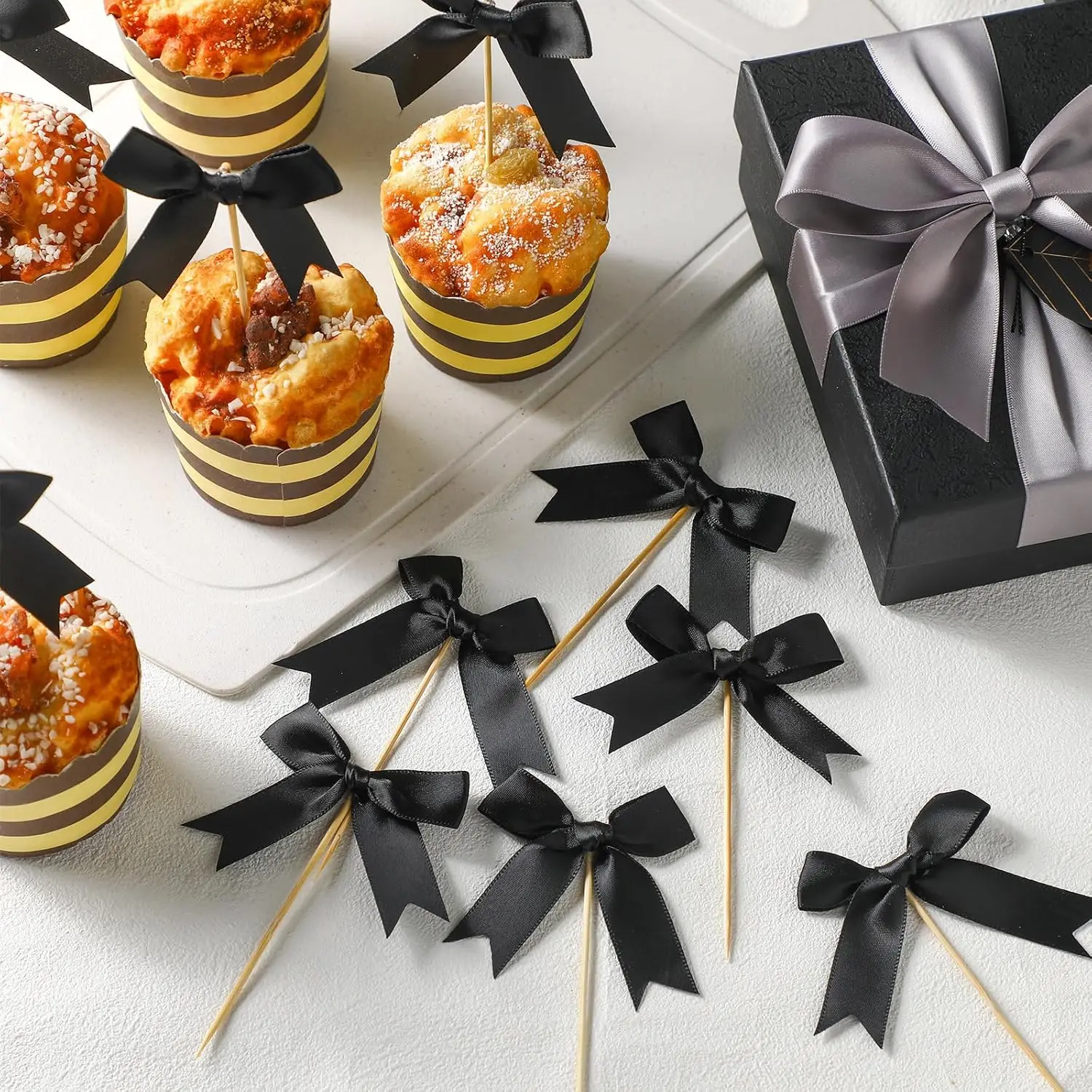 10pcs/Pack Black Pearl Bow Cupcake Topper Bow Cake Topper Coquette Theme Party Decoration for Wedding Bridal Shower Bachelorette