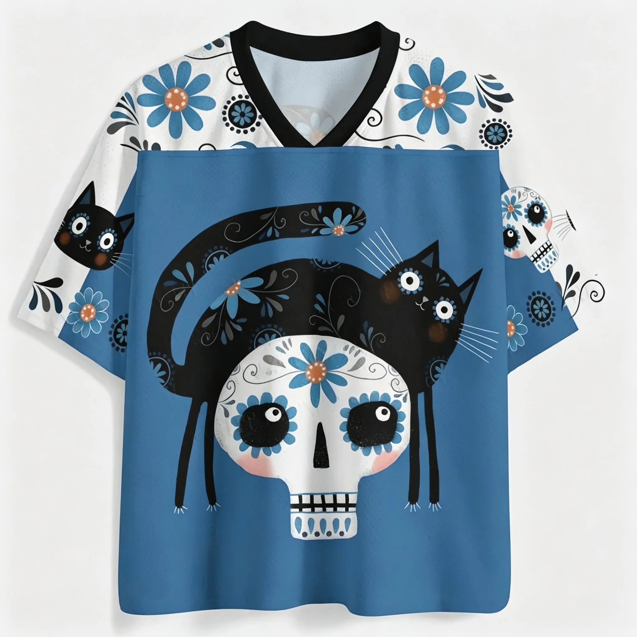 Neu eingetroffen: T-Shirt mit V-Ausschnitt, Unisex, Streetwear, Motiv „Tag der Toten“, Zucker-Totenkopf, schwarze Katze, für Festival und Freizeit – Detail 4