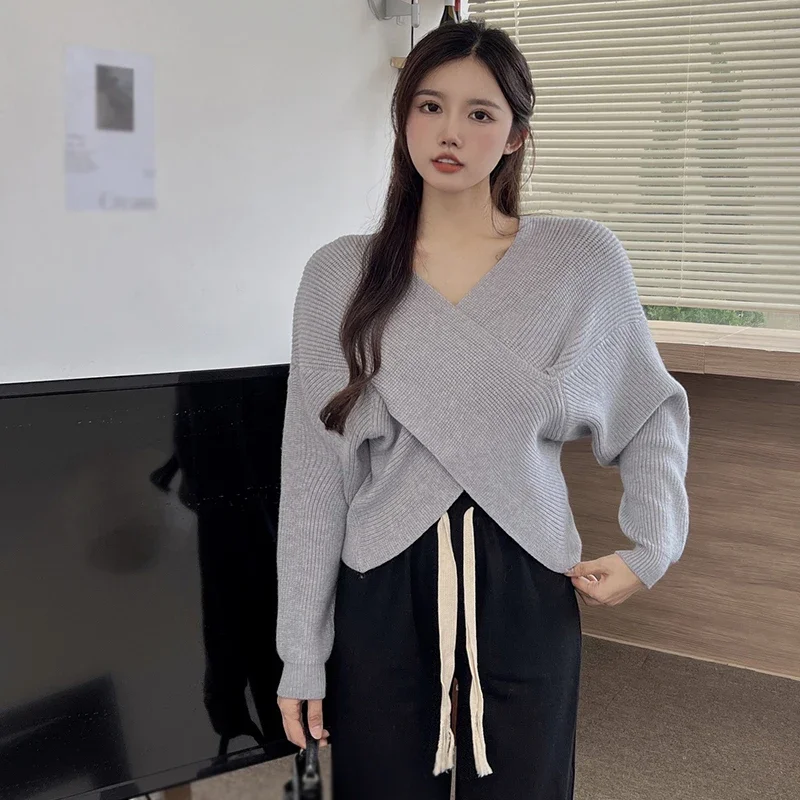 Women Autumn Winter Knitwear Tops Pullover Cross Asymmetric Sweaters Female Long Sleeve Skinny Casual V-neck Knitted Sexy Top