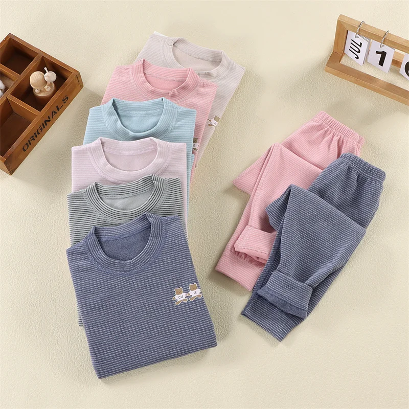 Autumn Winter Warm Pajamas Sets 2023 New Striped Sleepwear Suits Girls Boys No Trace Round Neck Underwear Sets Casual Clothing