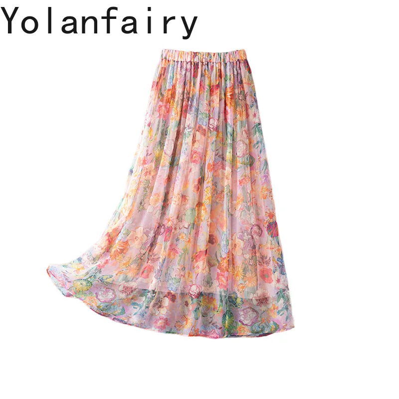 YOLANFAIRY Fashion 100% Real Mulberry Silk Skirt for Women Summer High Waist Floral Skirt A-line Elegant Bohemian Silk Skirt
