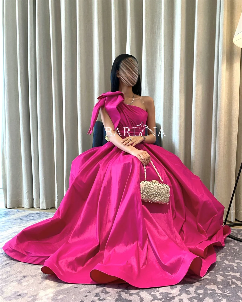 Bella Hot Pink One Shoulder فساتين السهرة A-line Satin Floor-Length Prom Dresses Elegant Sleeveless Empire Waist Formal Evening