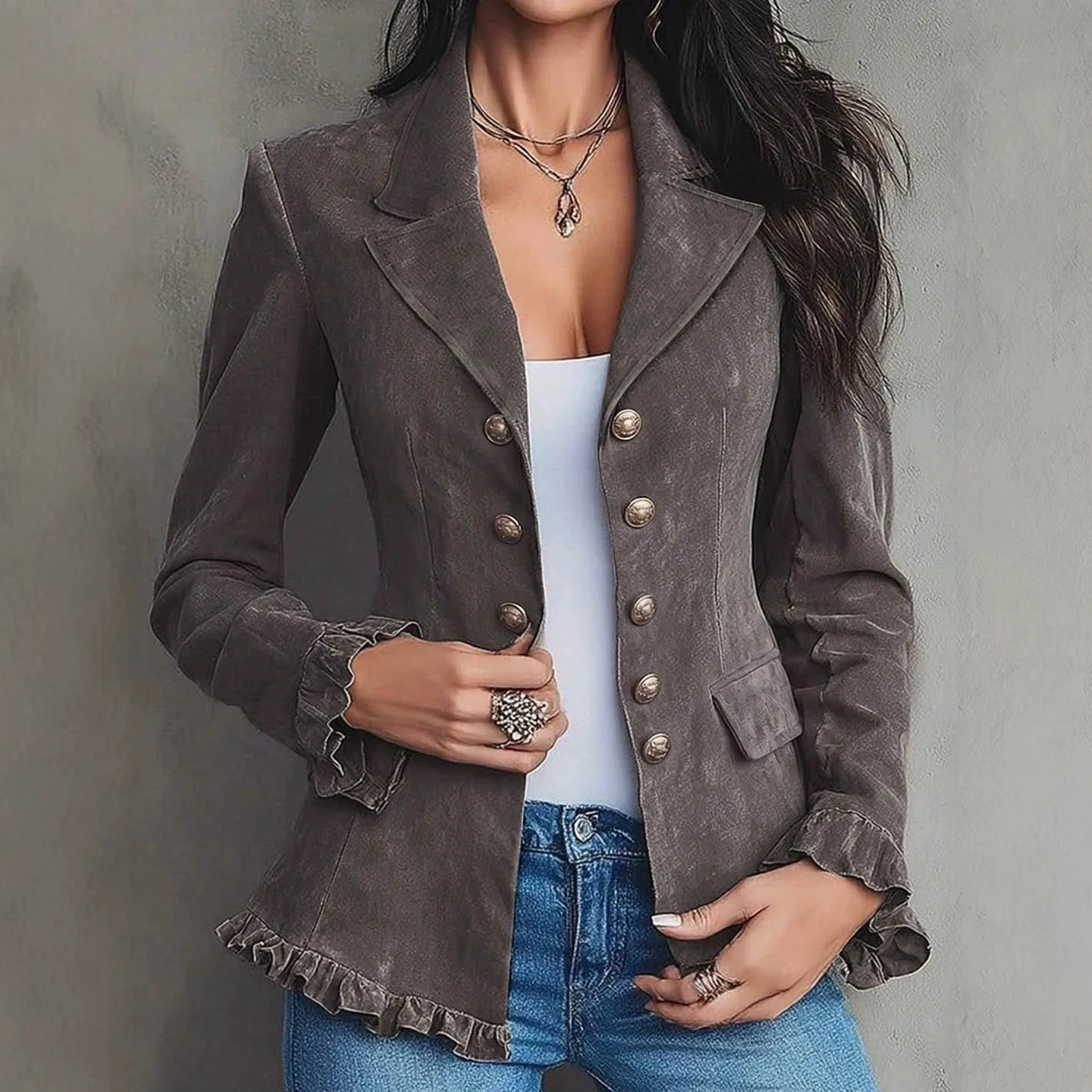 Autumn. And Winter Random Blazer With Ruffled Trim, Slim-fit Design, And A Flattering Silhouette For Women. Dress Elegant
