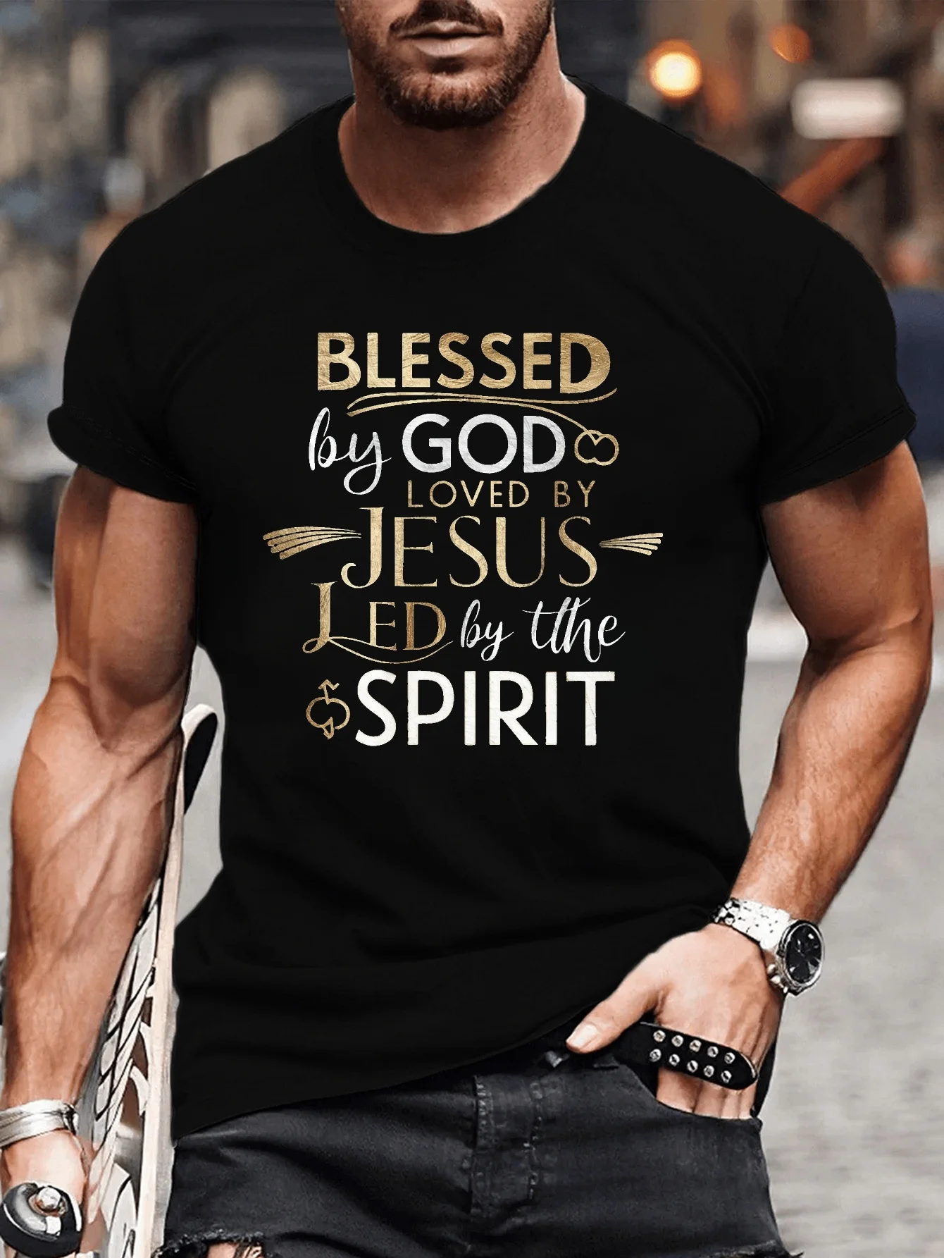 

Plus Size MenS Summer T-Shirt BLESSED by GOD Loved by JESUS Graphic Print Short Sleeve Tees Trend Casual Tops for Daily Life